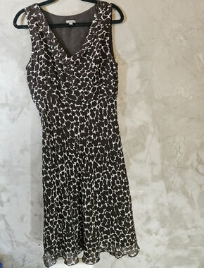 Ann Taylor Brown Ivory Abstract V-Neck Sleeveless Silk Dress Size 10